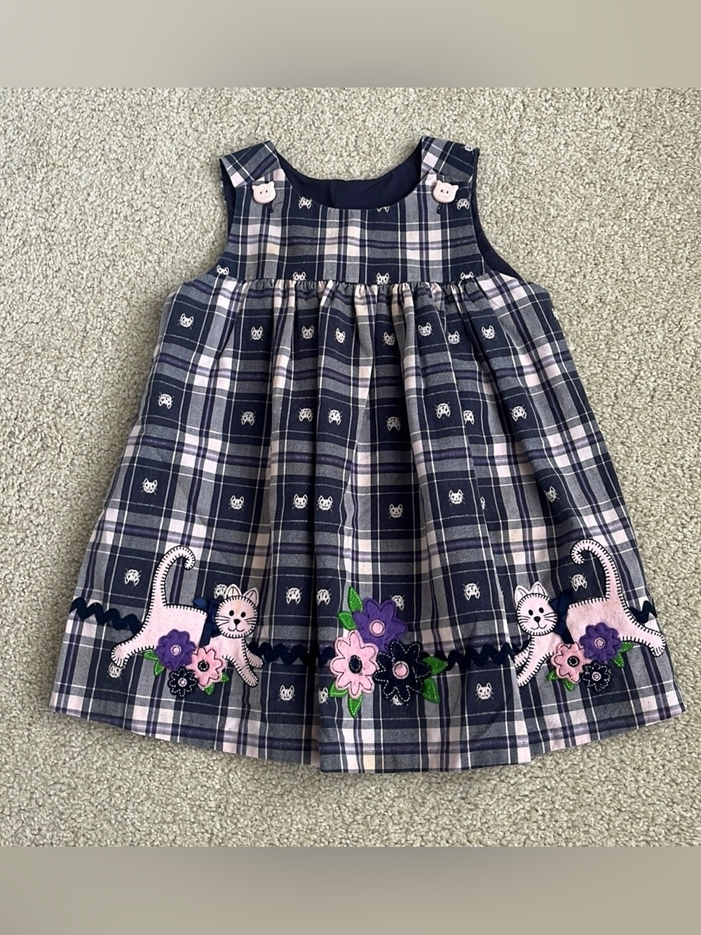 Vintage kids Plaid Purple Kitty Cat jumper style dress, size 2T